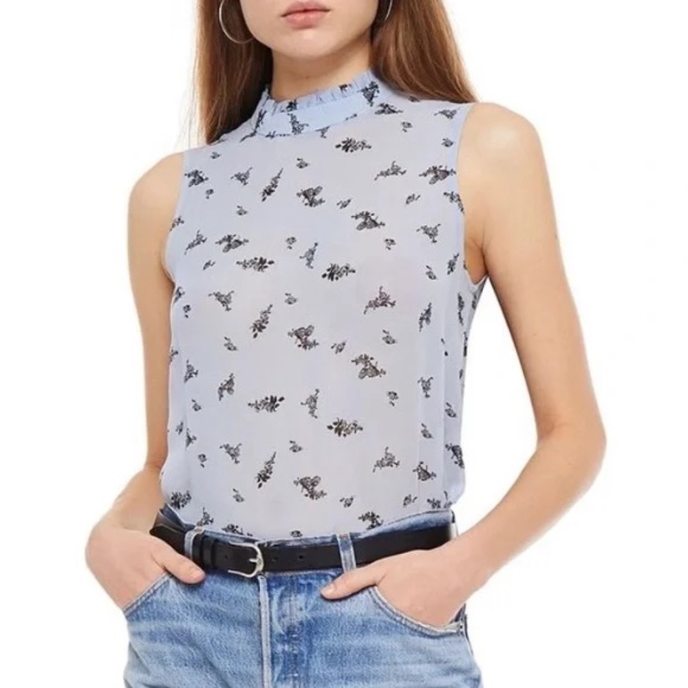 Ganni Size 34 sleeveless ruffle-edged mock neck top floral print chiffon